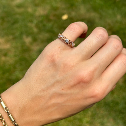 Estate 14KT Rose Gold Diamond Miligrain Swirl Ring