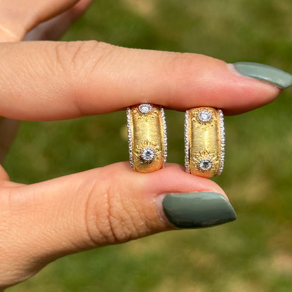 Estate 18KT Yellow Gold Florentine Finish Diamond Omega Back Earrings