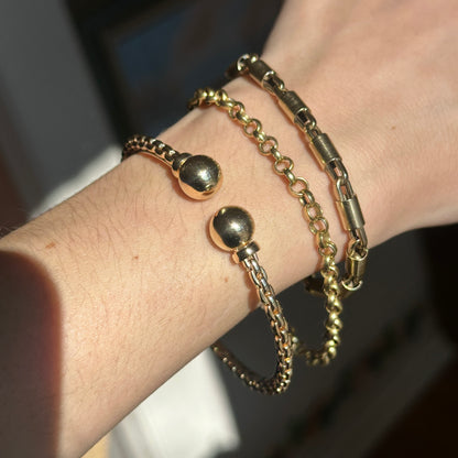 Estate 14KT Yellow Gold Chain Ball Cap End Open Cuff Bracelet
