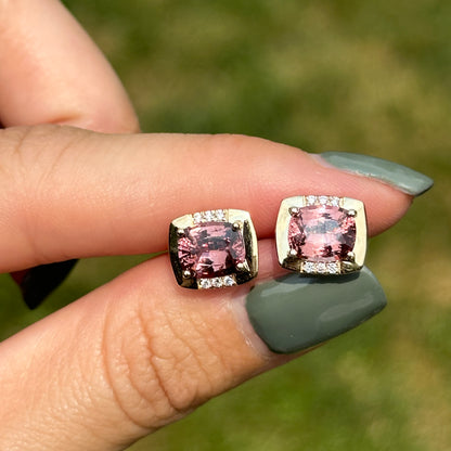 Estate 14KT Yellow Gold Cushion Malaya Garnet + Diamond Stud Earrings