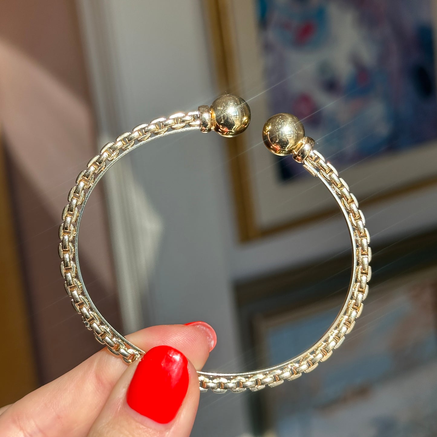 Estate 14KT Yellow Gold Chain Ball Cap End Open Cuff Bracelet