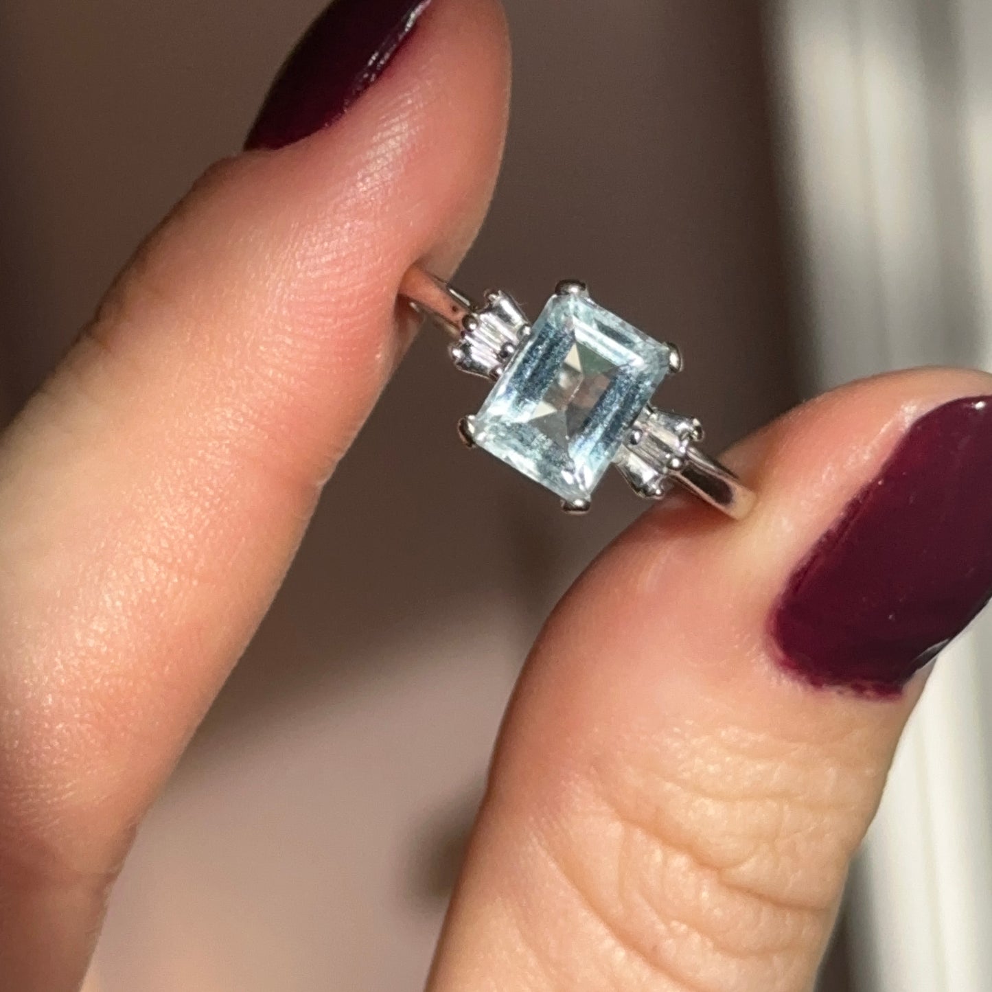 Estate 10KT White Gold Emerald Cut Aquamarine + Diamond Accent Ring