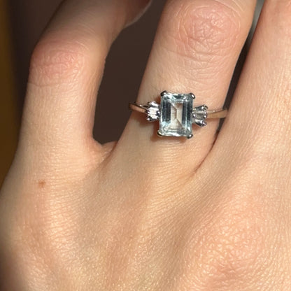 Estate 10KT White Gold Emerald Cut Aquamarine + Diamond Accent Ring