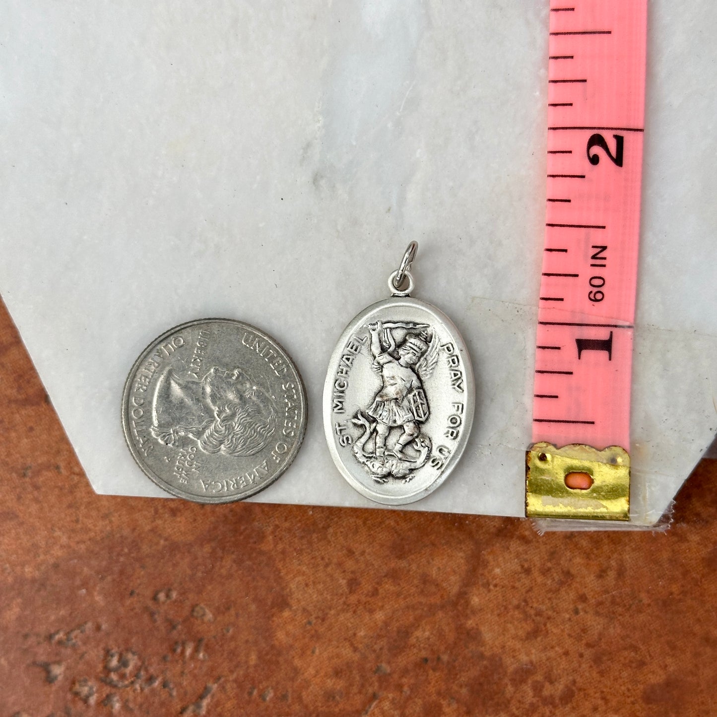 Sterling Silver Antiqued St Michael Reversible Pendant 31mm