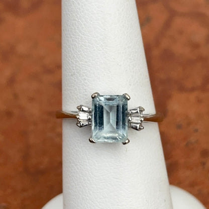 Estate 10KT White Gold Emerald Cut Aquamarine + Diamond Accent Ring