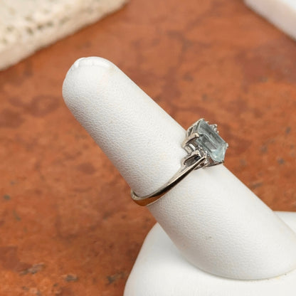 Estate 10KT White Gold Emerald Cut Aquamarine + Diamond Accent Ring