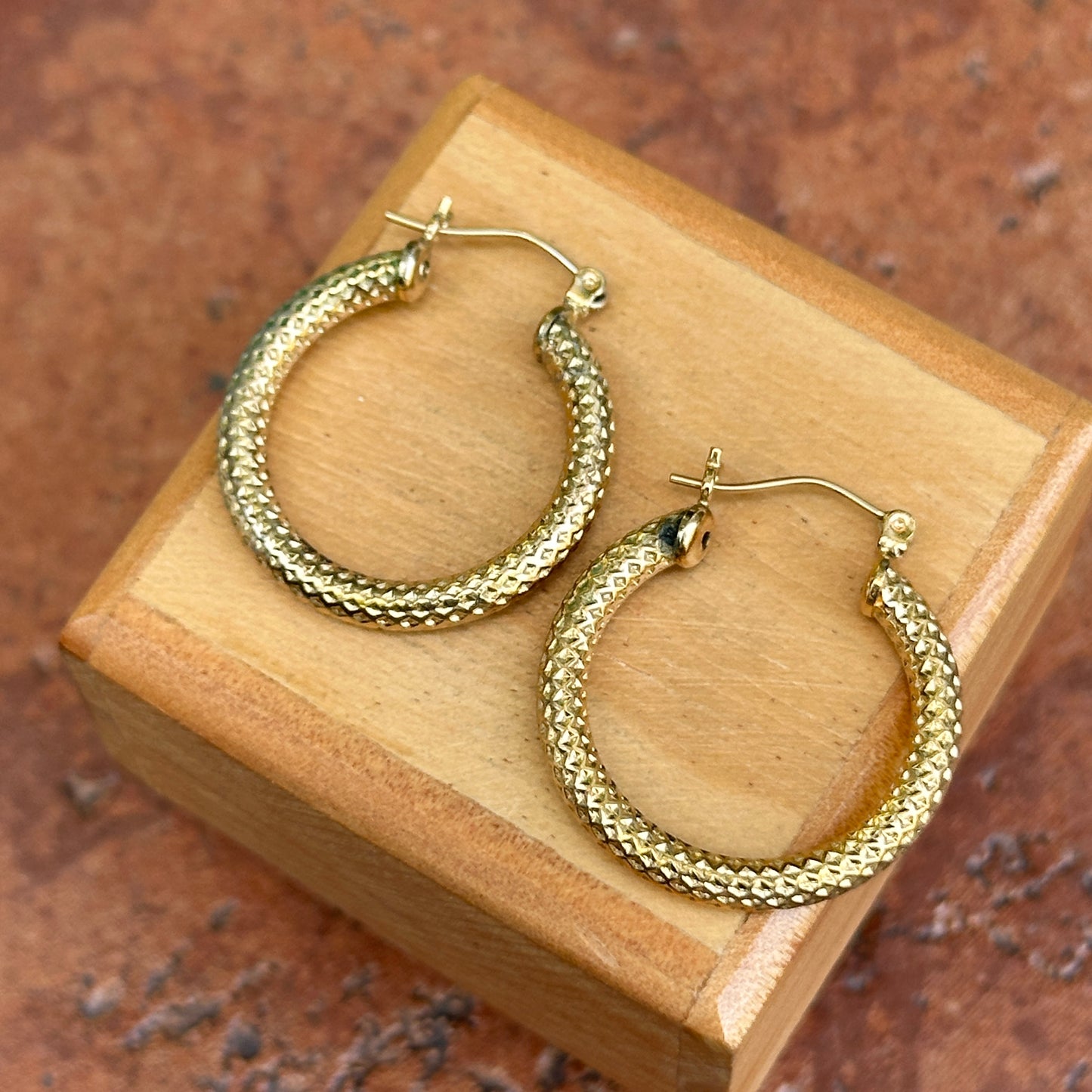Estate Yellow-Gold Filled Textured Round Hoop Earrings