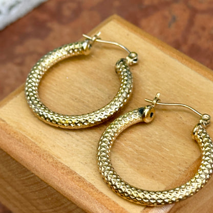 Estate Yellow-Gold Filled Textured Round Hoop Earrings