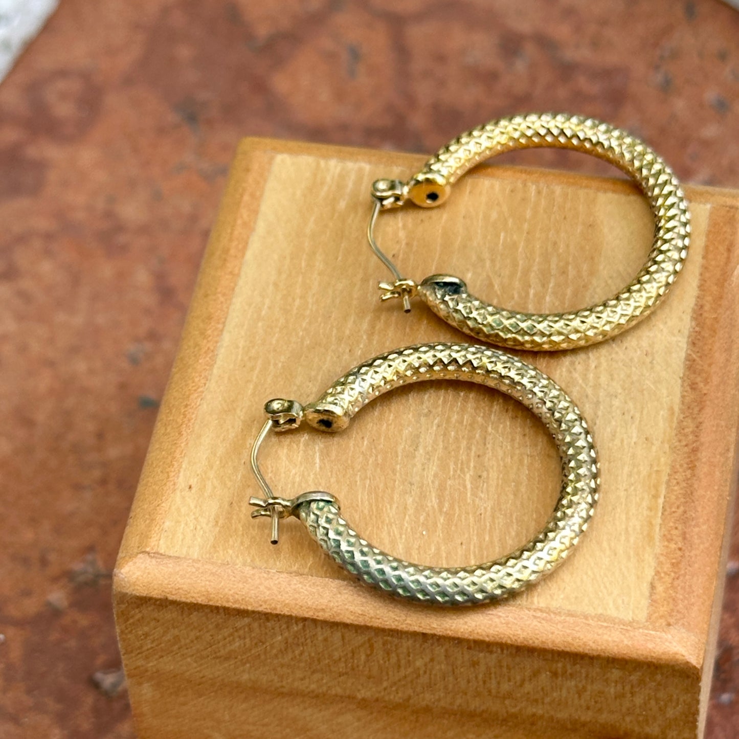 Estate Yellow-Gold Filled Textured Round Hoop Earrings