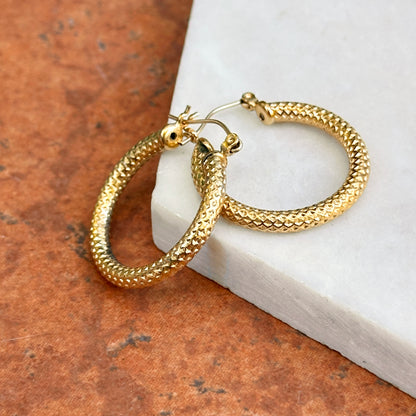 Estate Yellow-Gold Filled Textured Round Hoop Earrings