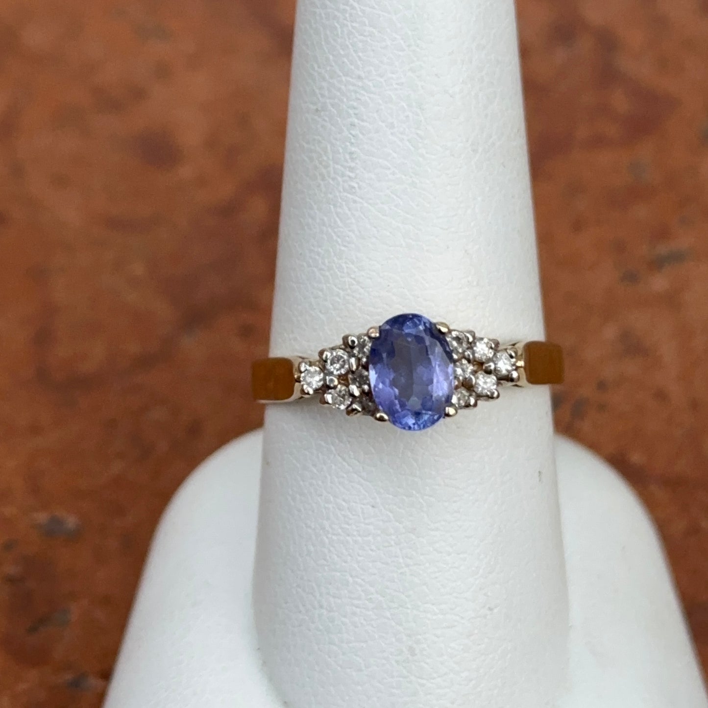 Estate 14KT Yellow Gold Oval Blue Tanzanite + Round Diamond Ring