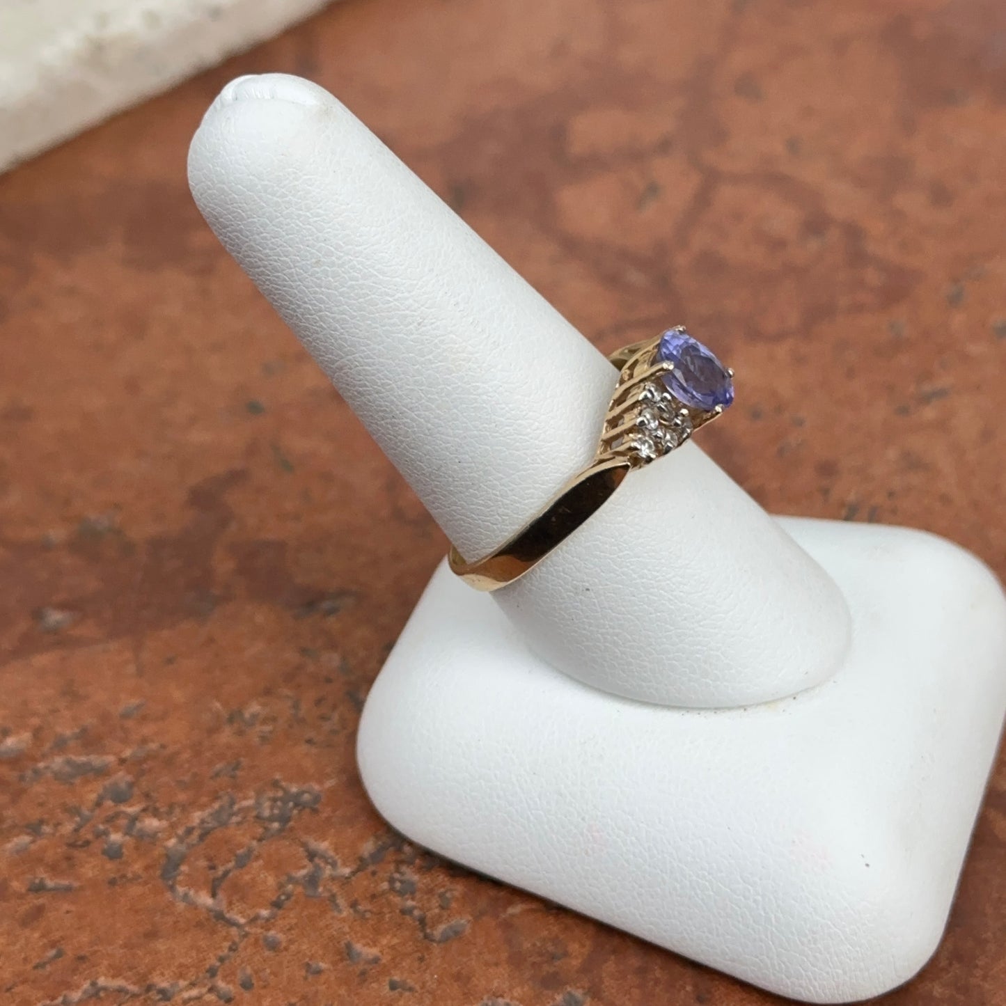 Estate 14KT Yellow Gold Oval Blue Tanzanite + Round Diamond Ring