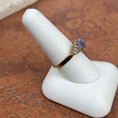 Estate 14KT Yellow Gold Oval Blue Tanzanite + Round Diamond Ring