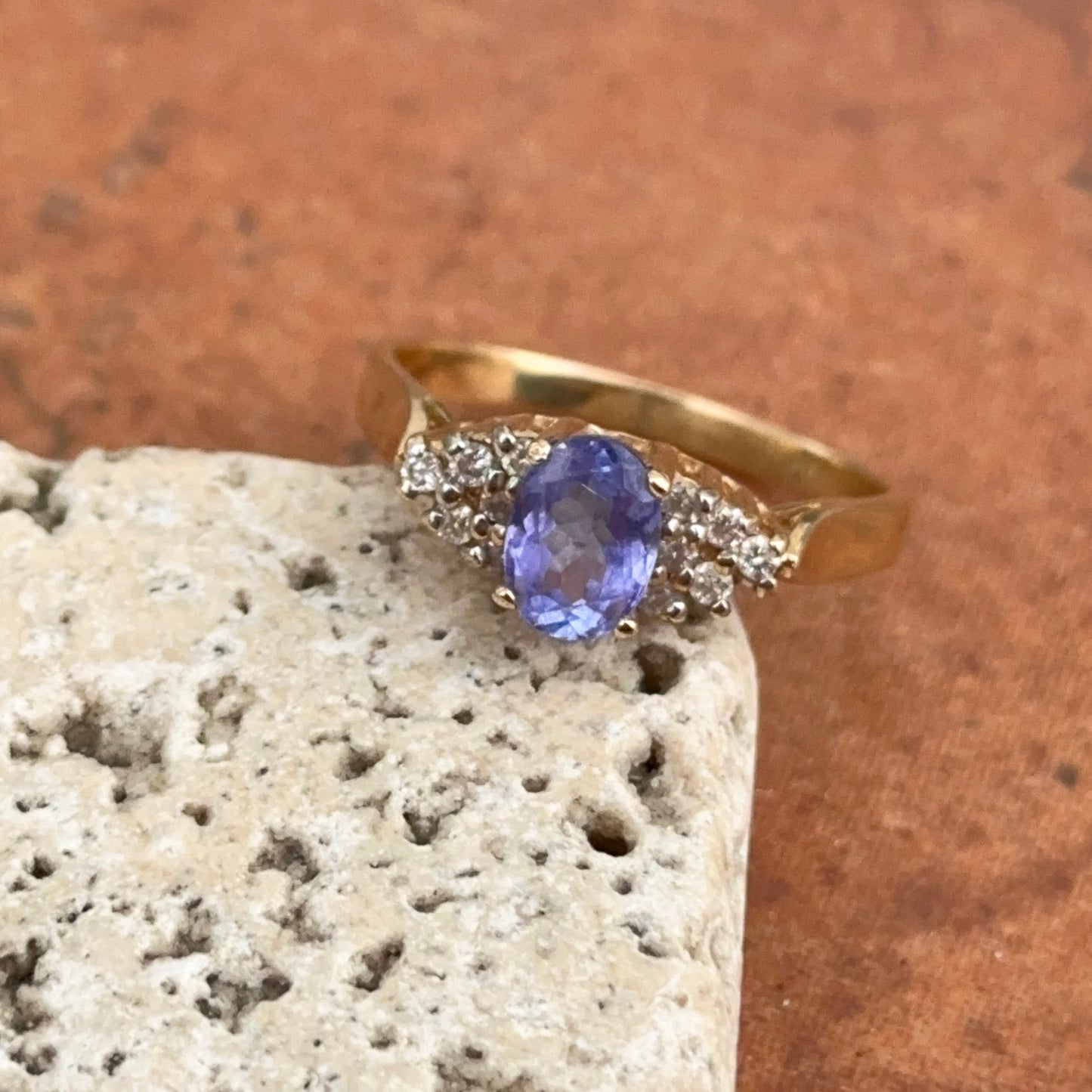 Estate 14KT Yellow Gold Oval Blue Tanzanite + Round Diamond Ring