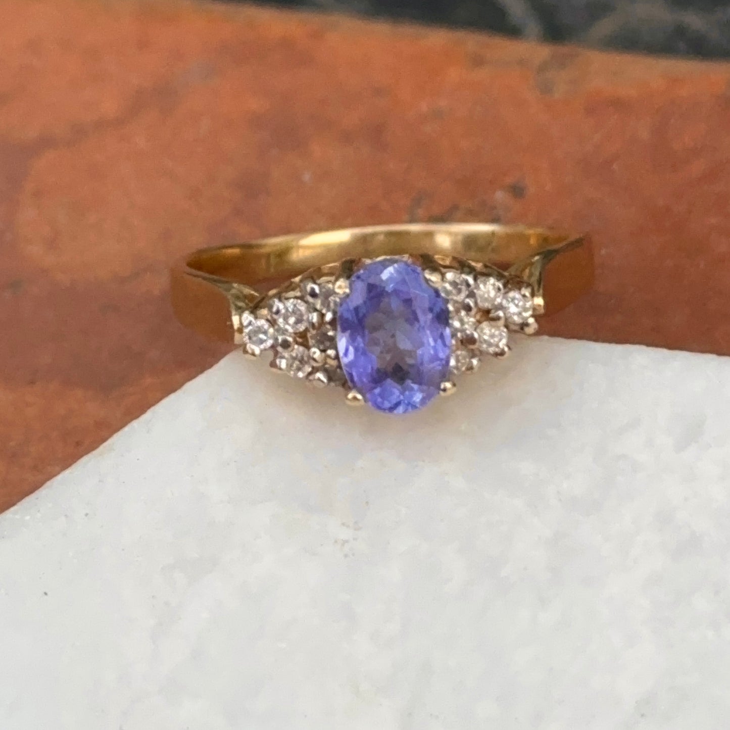 Estate 14KT Yellow Gold Oval Blue Tanzanite + Round Diamond Ring