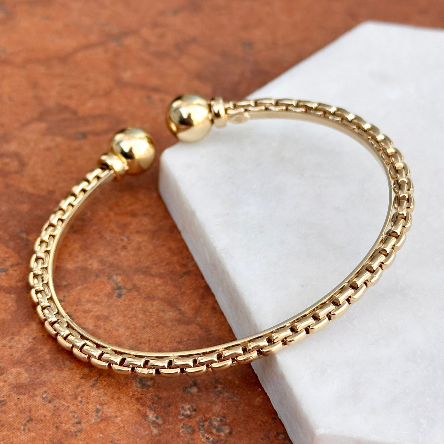 Estate 14KT Yellow Gold Chain Ball Cap End Open Cuff Bracelet