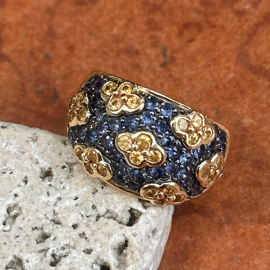 Estate 14KT Yellow Gold Blue Sapphire + Yellow Diamond Dome Ring