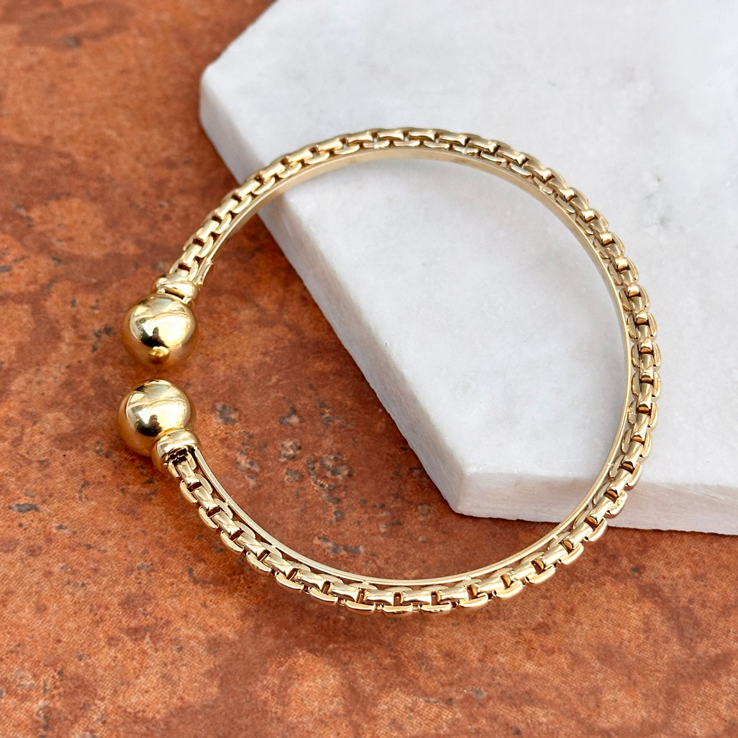 Estate 14KT Yellow Gold Chain Ball Cap End Open Cuff Bracelet