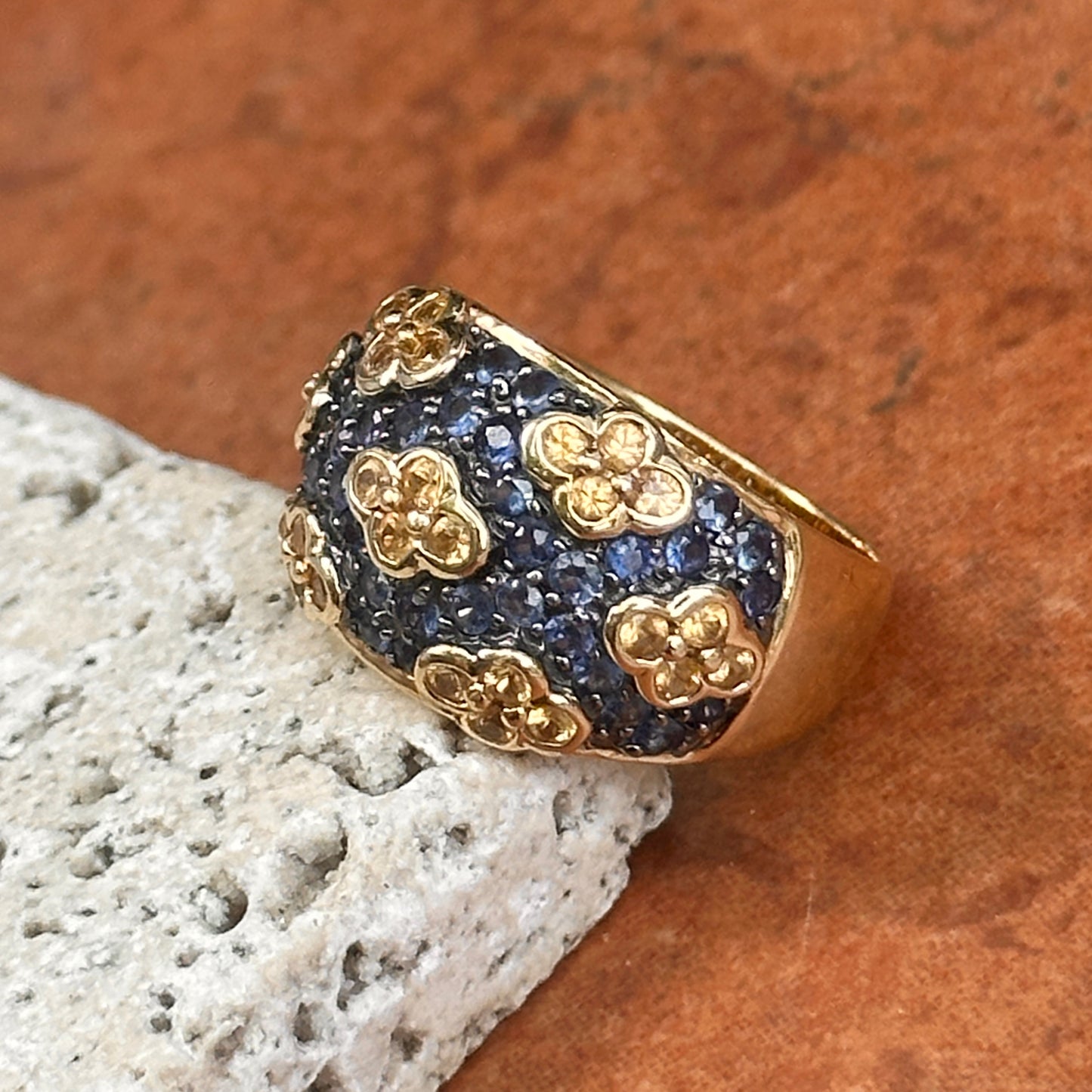Estate 14KT Yellow Gold Blue Sapphire + Yellow Diamond Dome Ring
