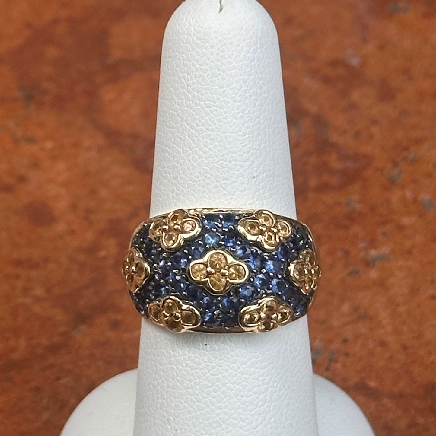 Estate 14KT Yellow Gold Blue Sapphire + Yellow Diamond Dome Ring