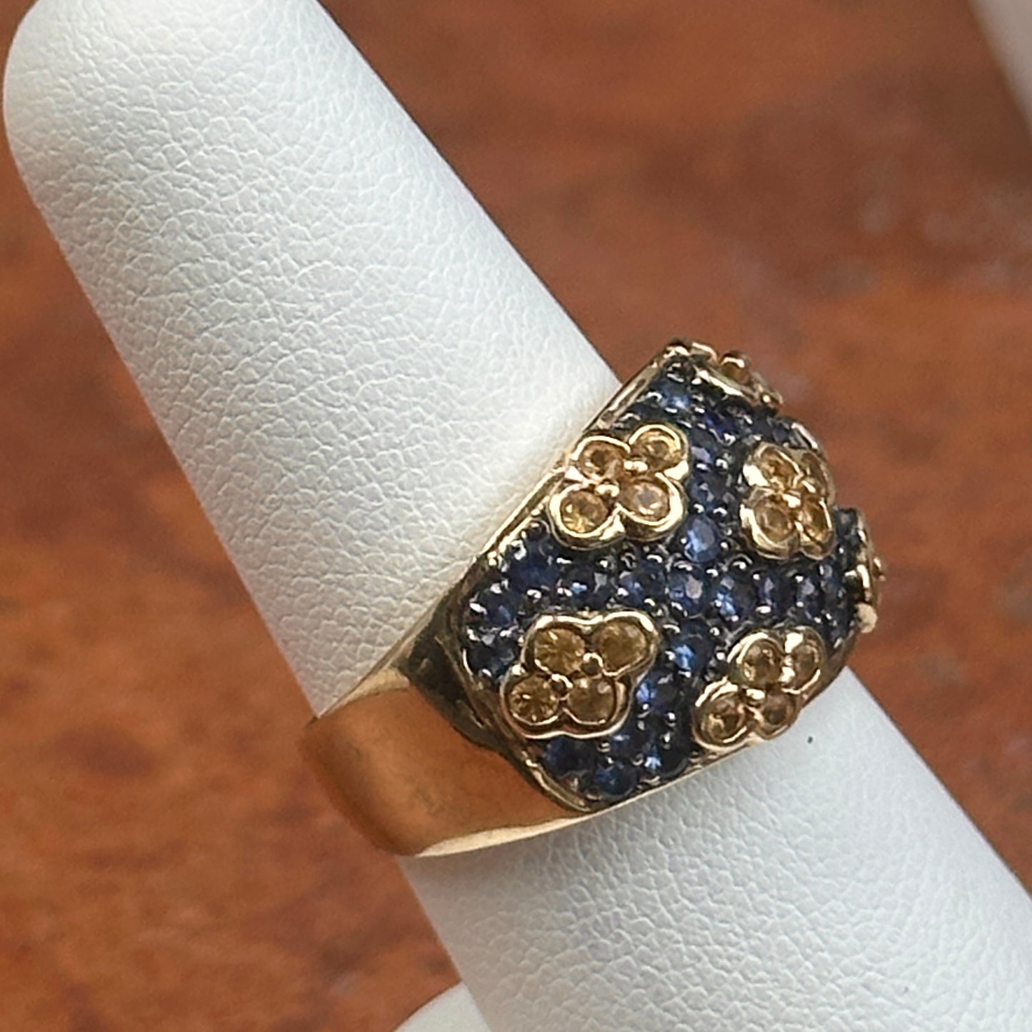 Estate 14KT Yellow Gold Blue Sapphire + Yellow Diamond Dome Ring