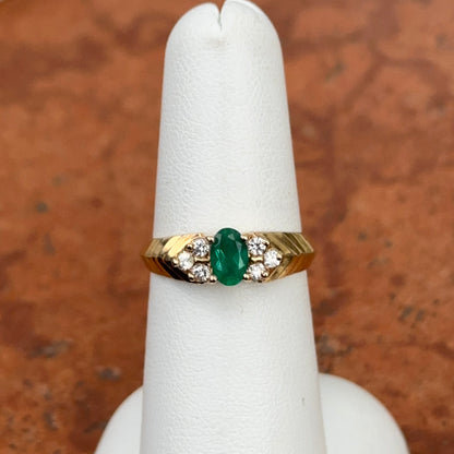 Estate 14KT Yellow Gold Oval-Cut  Faceted Emerald + Diamond Chevron Shaped Ring