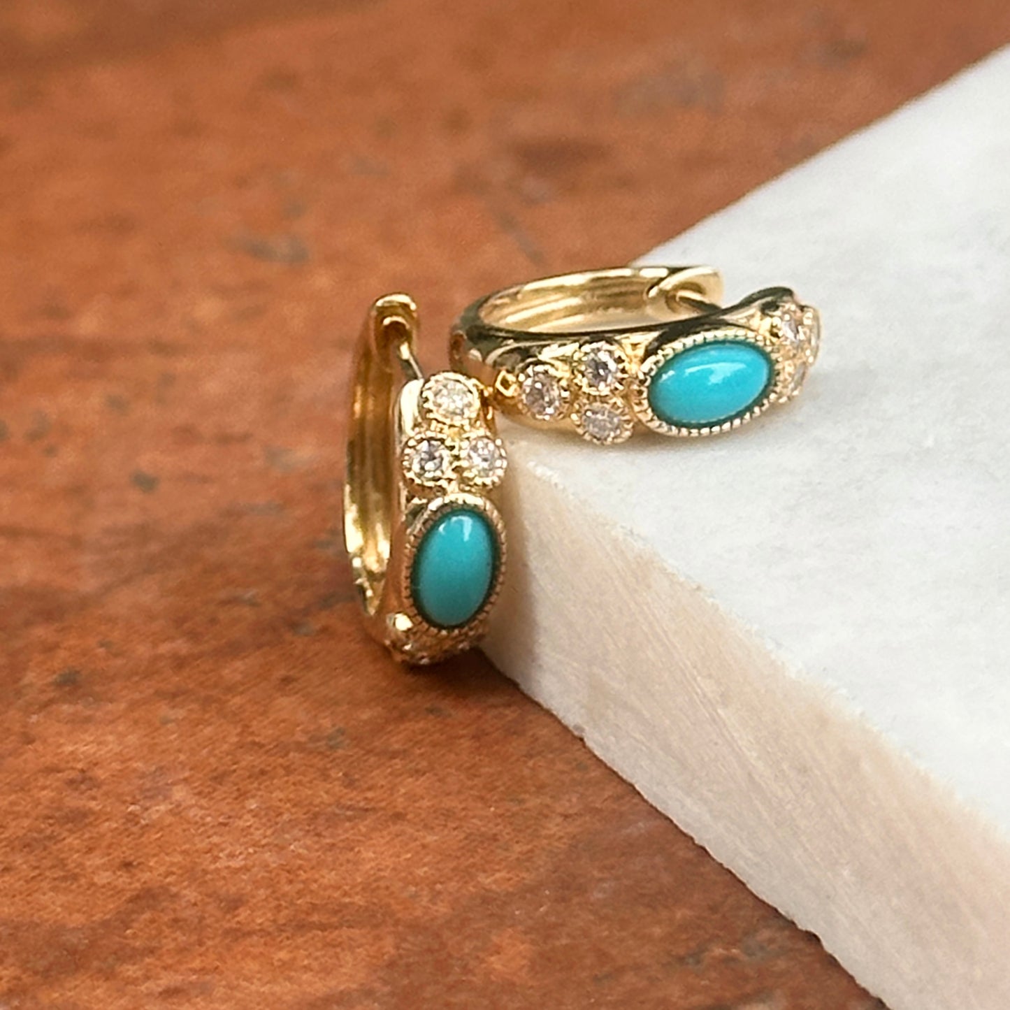 14KT Yellow Gold Turquoise + Diamond Huggie Hoop Earrings - LSJ