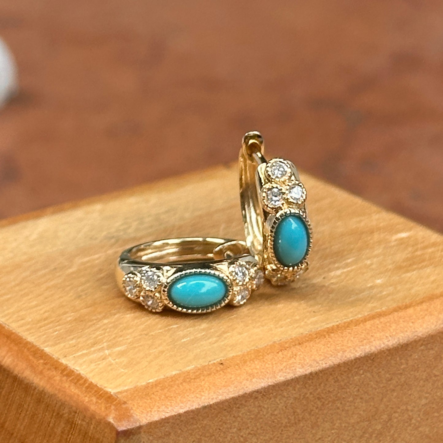 14KT Yellow Gold Turquoise + Diamond Huggie Hoop Earrings - LSJ