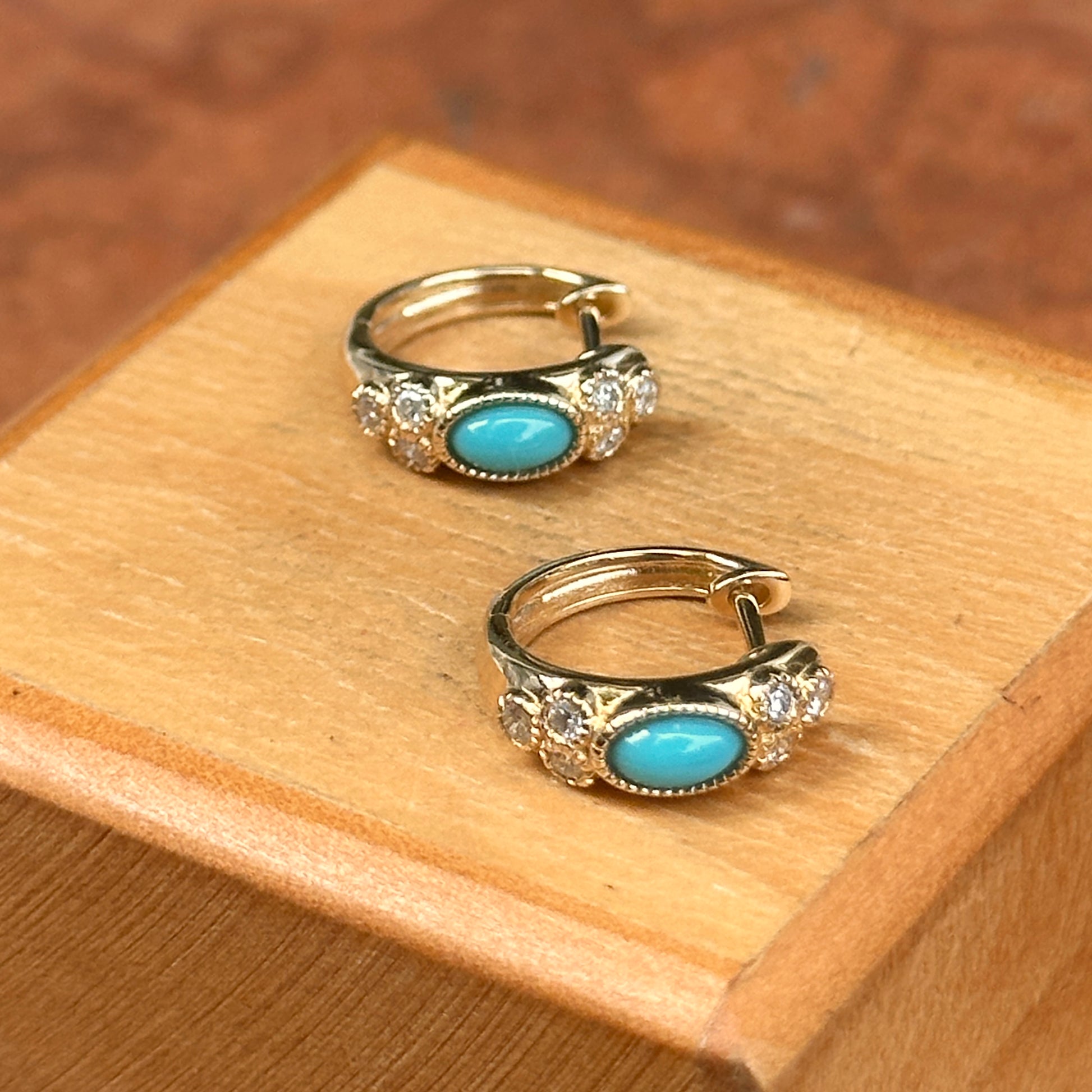 14KT Yellow Gold Turquoise + Diamond Huggie Hoop Earrings - LSJ