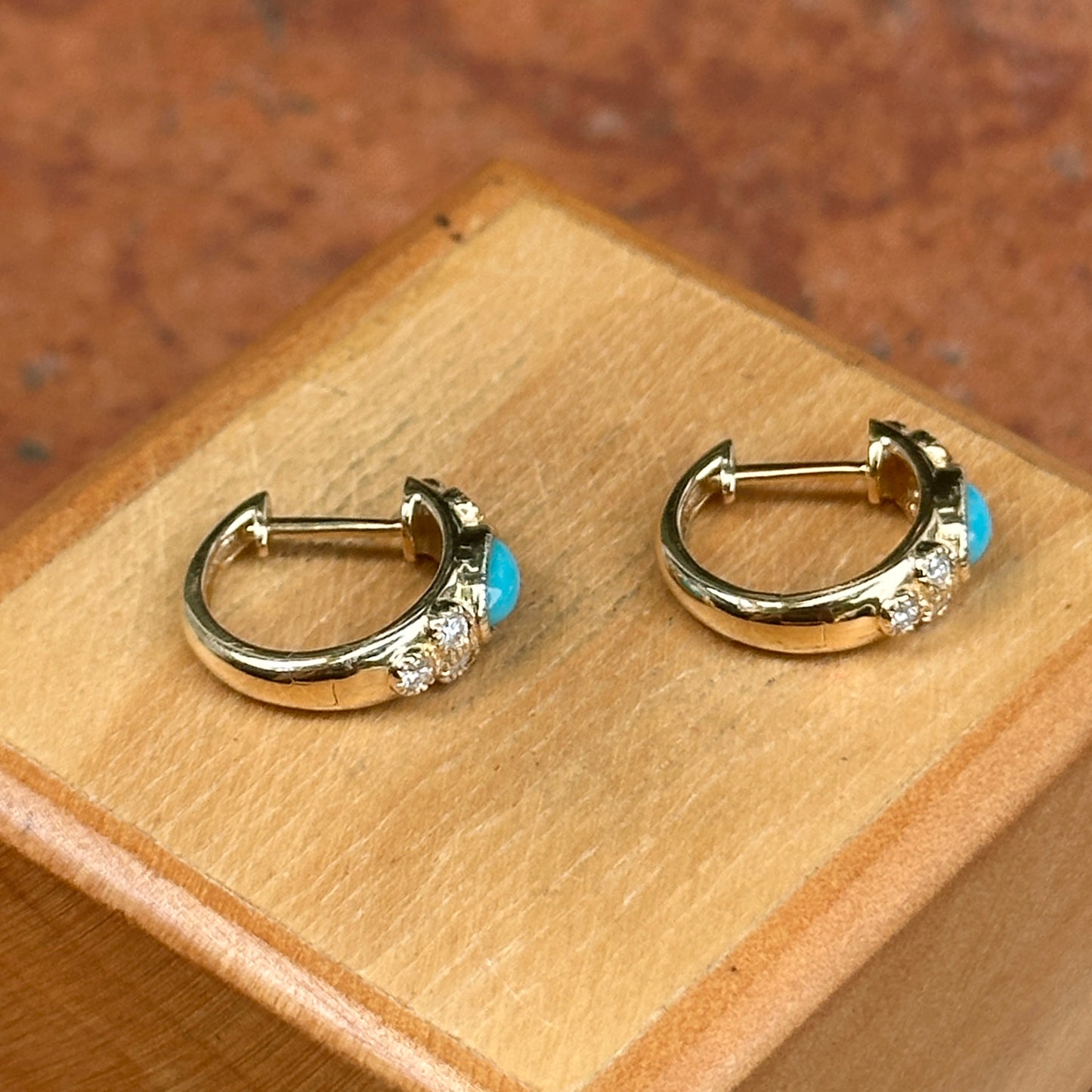 14KT Yellow Gold Turquoise + Diamond Huggie Hoop Earrings - LSJ