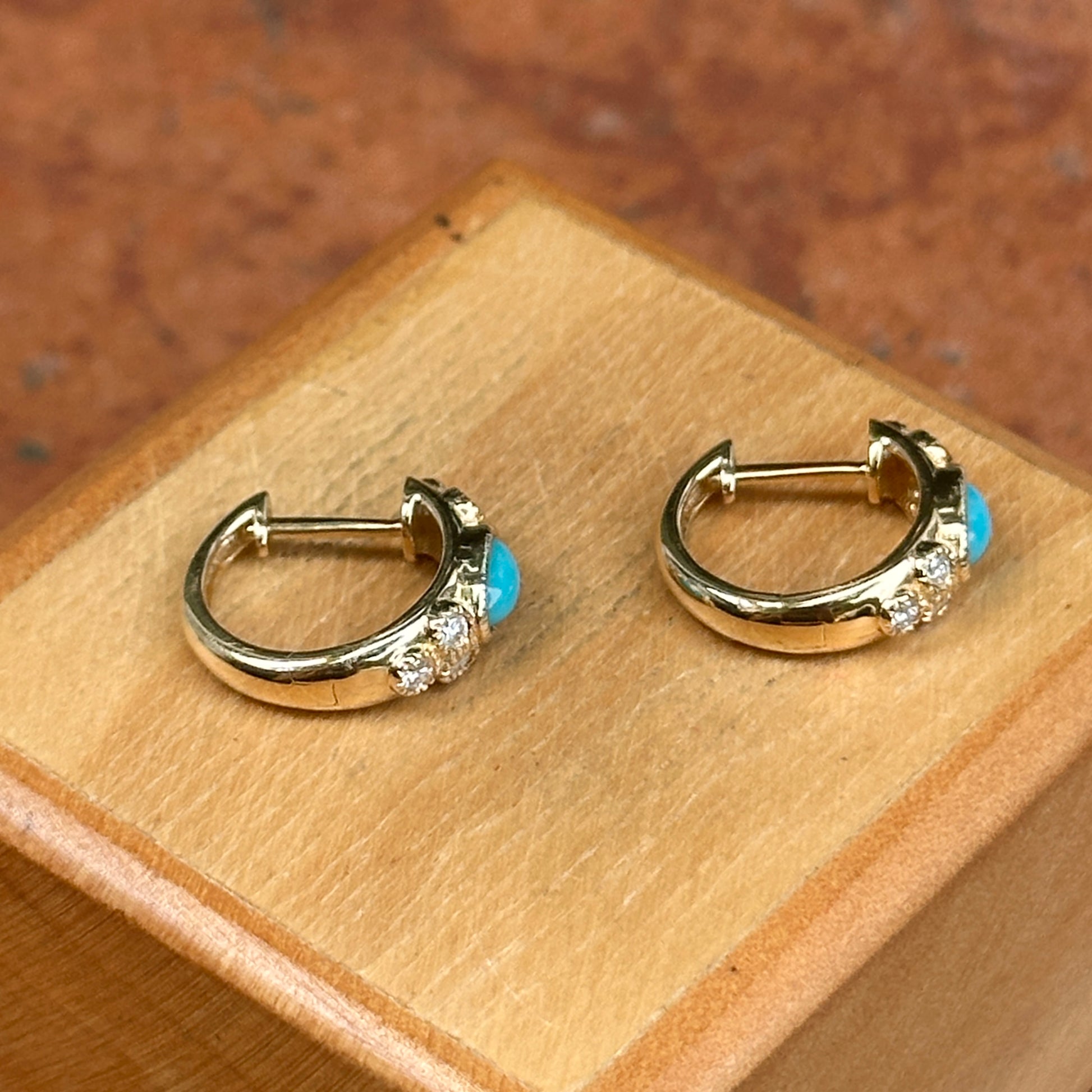 14KT Yellow Gold Turquoise + Diamond Huggie Hoop Earrings - LSJ