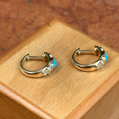 14KT Yellow Gold Turquoise + Diamond Huggie Hoop Earrings - LSJ