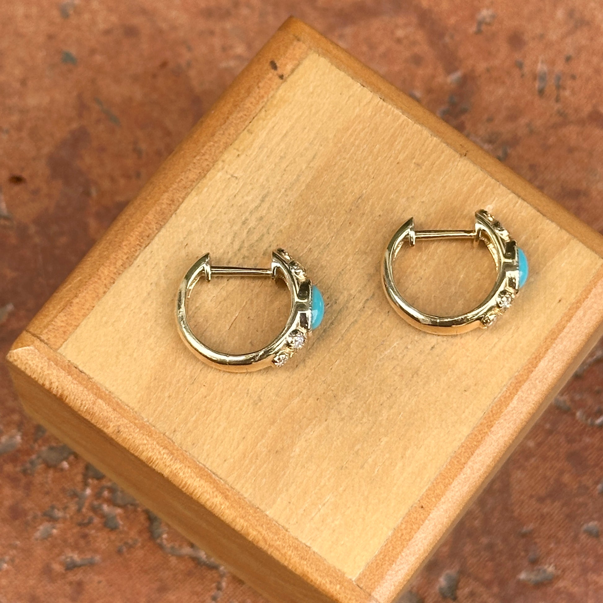 14KT Yellow Gold Turquoise + Diamond Huggie Hoop Earrings - LSJ
