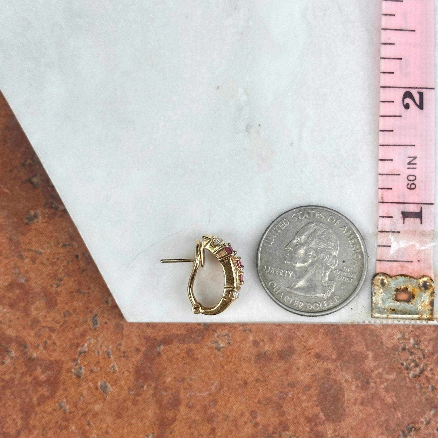 Estate 18KT Yellow gold Ruby + Diamond Omega Back Earrigs