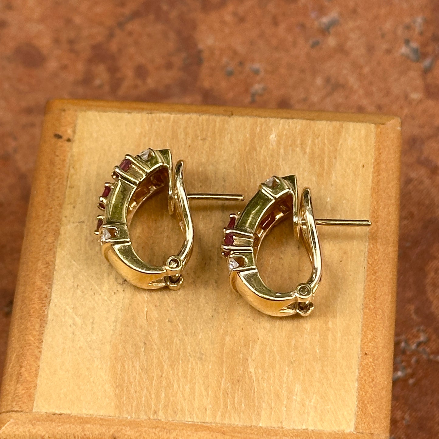 Estate 18KT Yellow gold Ruby + Diamond Omega Back Earrigs