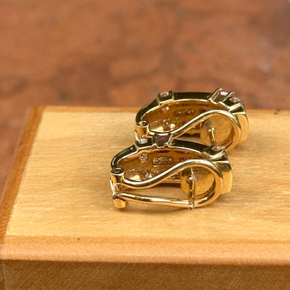 Estate 18KT Yellow gold Ruby + Diamond Omega Back Earrigs