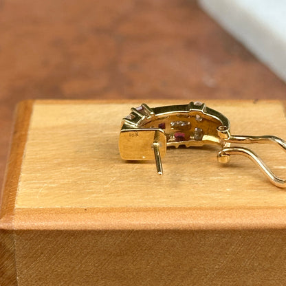 Estate 18KT Yellow gold Ruby + Diamond Omega Back Earrigs