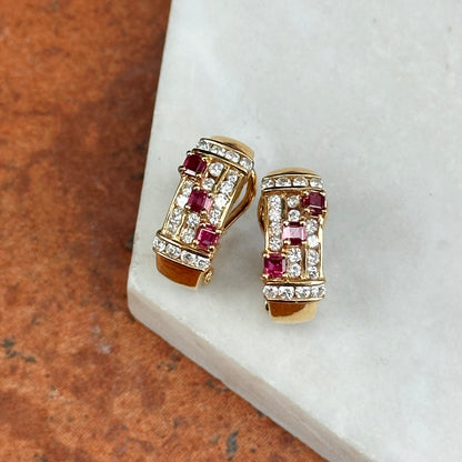 Estate 18KT Yellow gold Ruby + Diamond Omega Back Earrigs