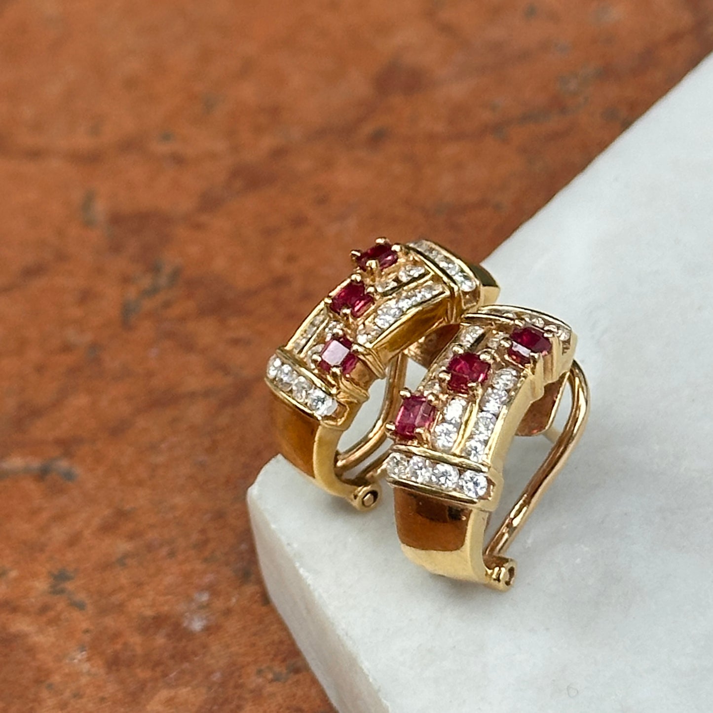 Estate 18KT Yellow gold Ruby + Diamond Omega Back Earrigs