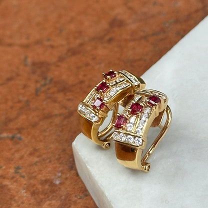 Estate 18KT Yellow gold Ruby + Diamond Omega Back Earrigs
