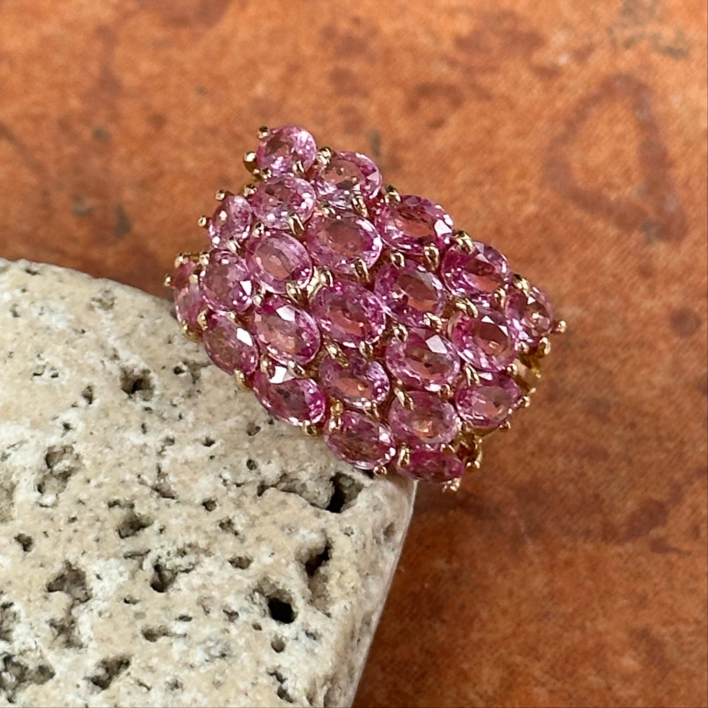 Estate 14KT Yellow Gold Oval 5.75 CT Pink Sapphire Cluster Ring