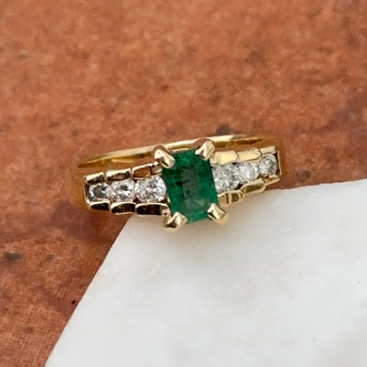 Vintage 14KT Yellow Gold Emerald-Cut Faceted Emerald + 6 Round Diamond Ring