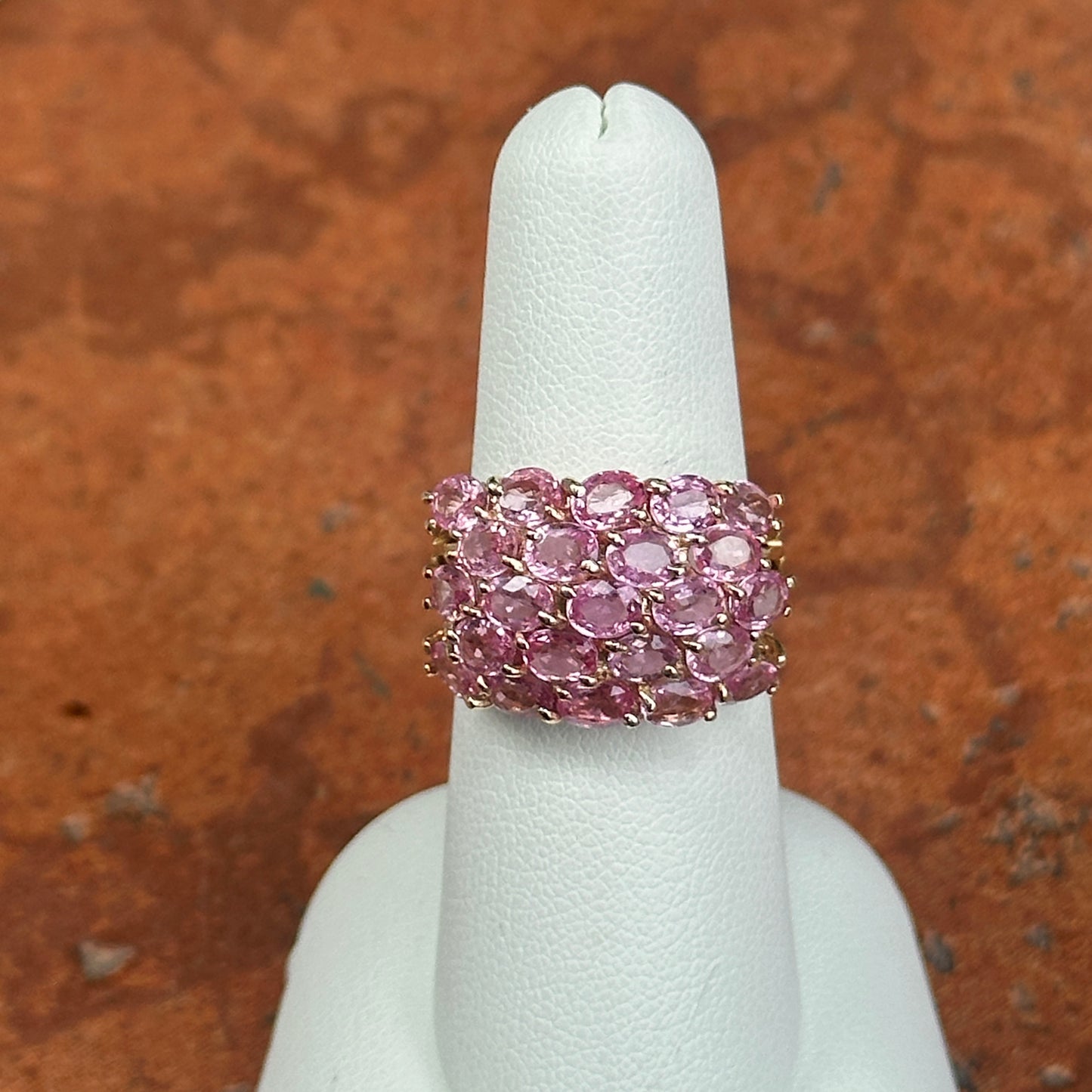 Estate 14KT Yellow Gold Oval 5.75 CT Pink Sapphire Cluster Ring