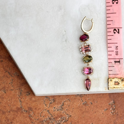 Estate 14KT Yellow Gold Multi Colored Pink + Green Tourmaline Diamond Dangle Hoop Earrings - LSJ