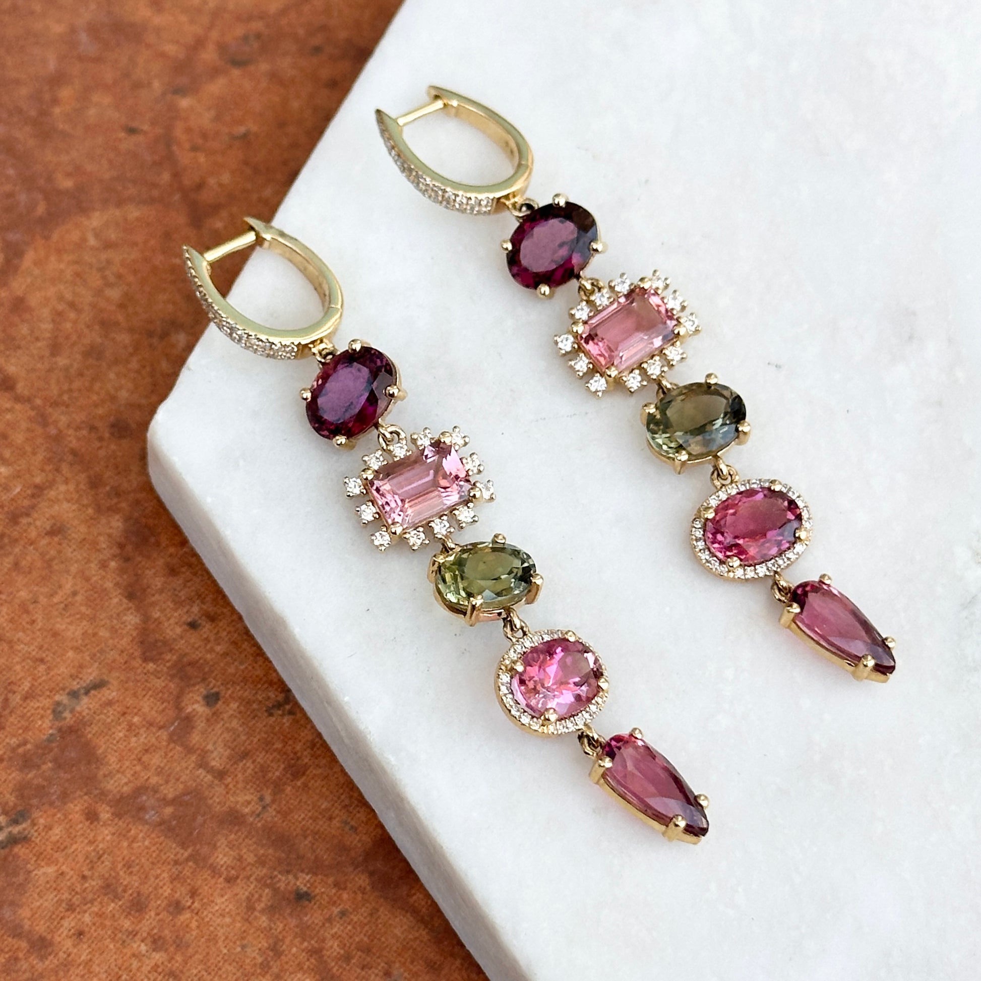 Estate 14KT Yellow Gold Multi Colored Pink + Green Tourmaline Diamond Dangle Hoop Earrings - LSJ