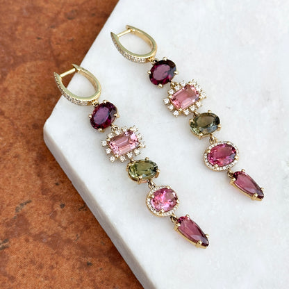 Estate 14KT Yellow Gold Multi Colored Pink + Green Tourmaline Diamond Dangle Hoop Earrings - LSJ