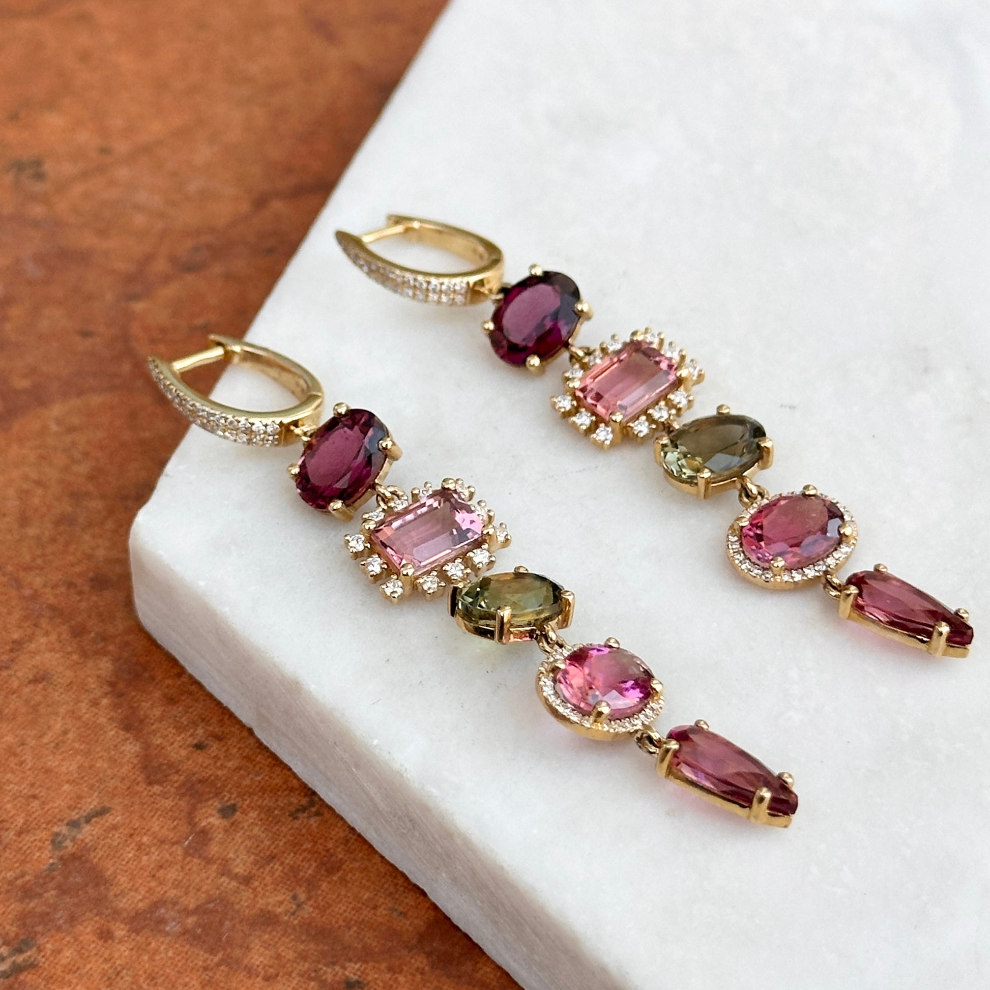 Estate 14KT Yellow Gold Multi Colored Pink + Green Tourmaline Diamond Dangle Hoop Earrings - LSJ