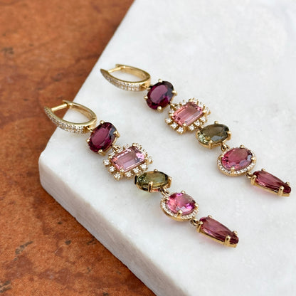 Estate 14KT Yellow Gold Multi Colored Pink + Green Tourmaline Diamond Dangle Hoop Earrings - LSJ