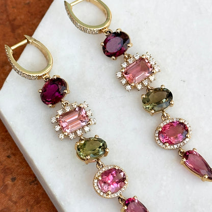 Estate 14KT Yellow Gold Multi Colored Pink + Green Tourmaline Diamond Dangle Hoop Earrings - LSJ