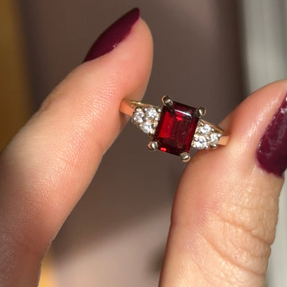 Estate 14KT Yellow Gold Emerald-Cut Garnet + Diamond Ring